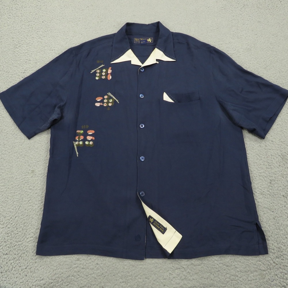 Nat Nast Silk Shirt Mens Large Limited Edition Sushi Embroidered Camp Blue L